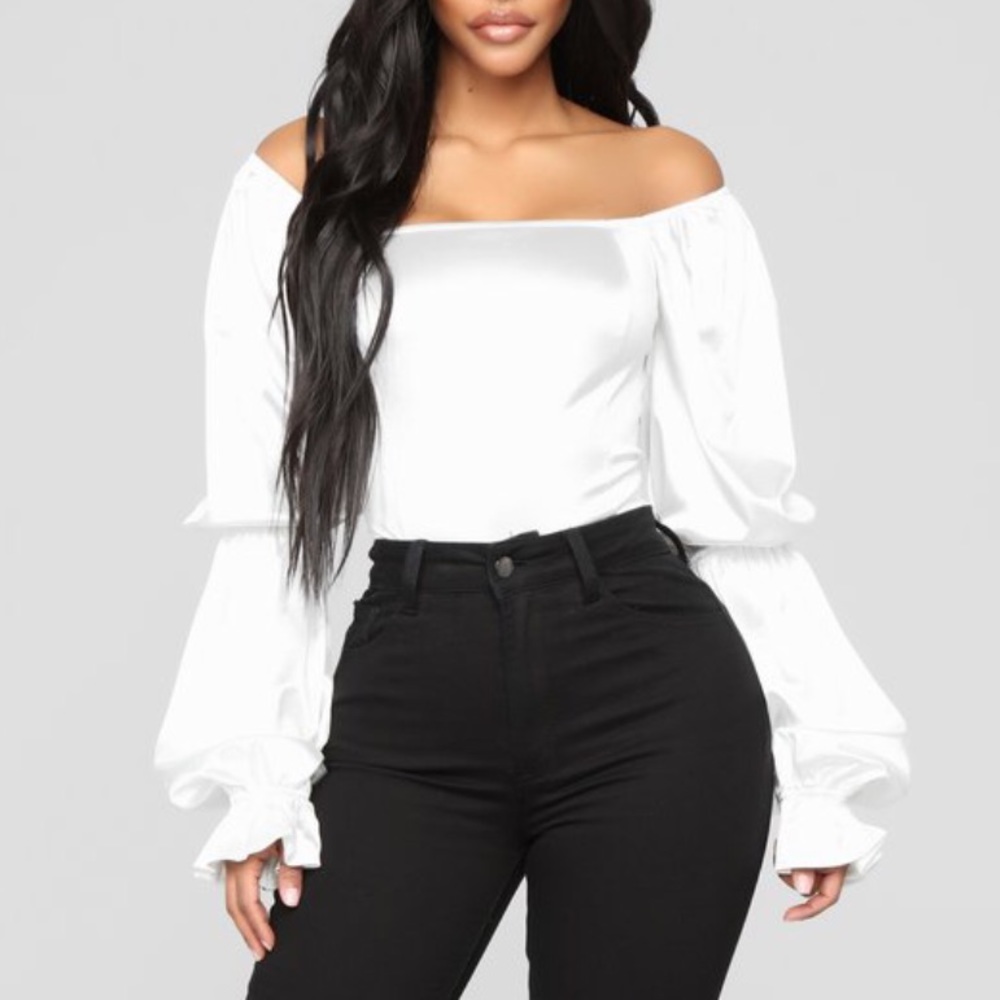 White Satin Off the Shoulder Peasant-Style Blouse